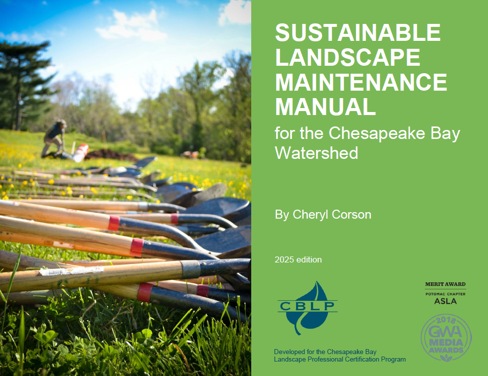 Cover of the 2025 edition of Sustainable Landscape Maintenance Manual , showing shovels on green grass with trees in the background
